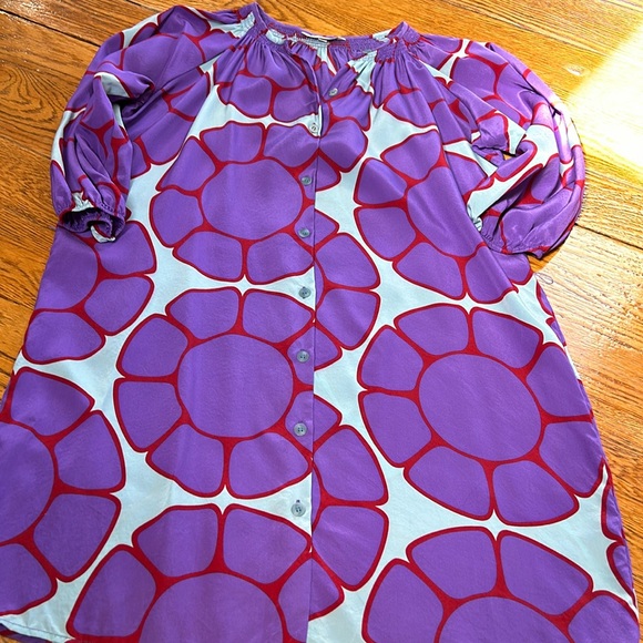 Tucker purple and red floral button front dress.  Smocked neckline. Size Small. - Picture 1 of 14